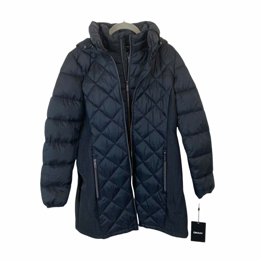 Puffer Coat DKNY Women's Black Long Sleeve Hooded Packable Full Zip size Medium